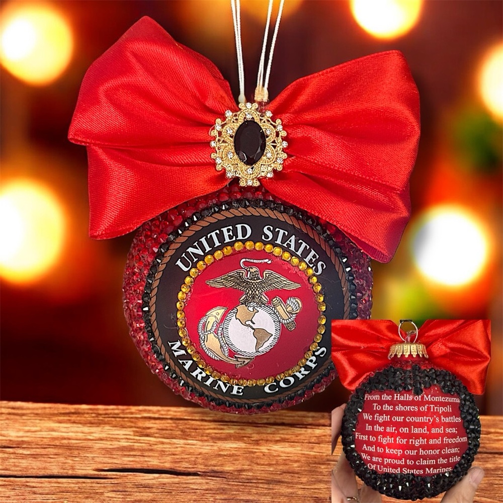 Christmas Ornament, United States Marine Corps, Red Bow, Holiday Military Gift